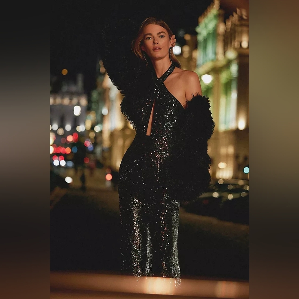 Anthropologie Black Sparkle Halter Jumpsuit
